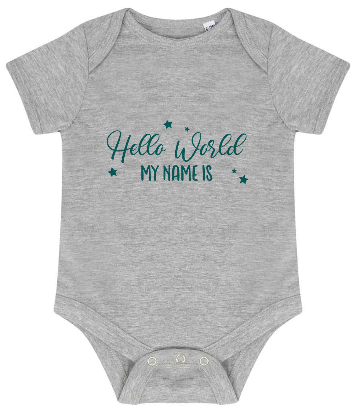 Customisable Hello World MY NAME IS – Larkwood Essential Short Sleeve Baby Bodysuit in Heather Grey with Teal vinyl