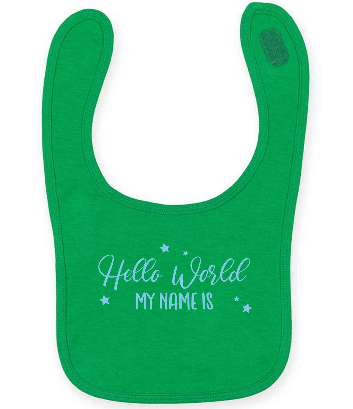 Customisable Hello World MY NAME IS – Larkwood Baby/Toddler Bib in Kelly Green with Baby Blue vinyl