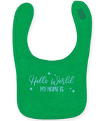 Customisable Hello World MY NAME IS – Larkwood Baby/Toddler Bib in Kelly Green with Baby Blue vinyl