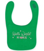 Customisable Hello World MY NAME IS – Larkwood Baby/Toddler Bib in Kelly Green with Baby Pink vinyl