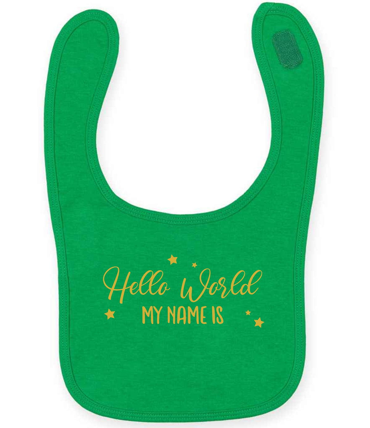 Customisable Hello World MY NAME IS – Larkwood Baby/Toddler Bib in Kelly Green with Gold vinyl