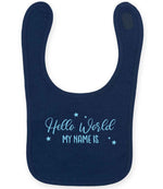 Customisable Hello World MY NAME IS – Larkwood Baby/Toddler Bib in Navy with Baby Blue vinyl