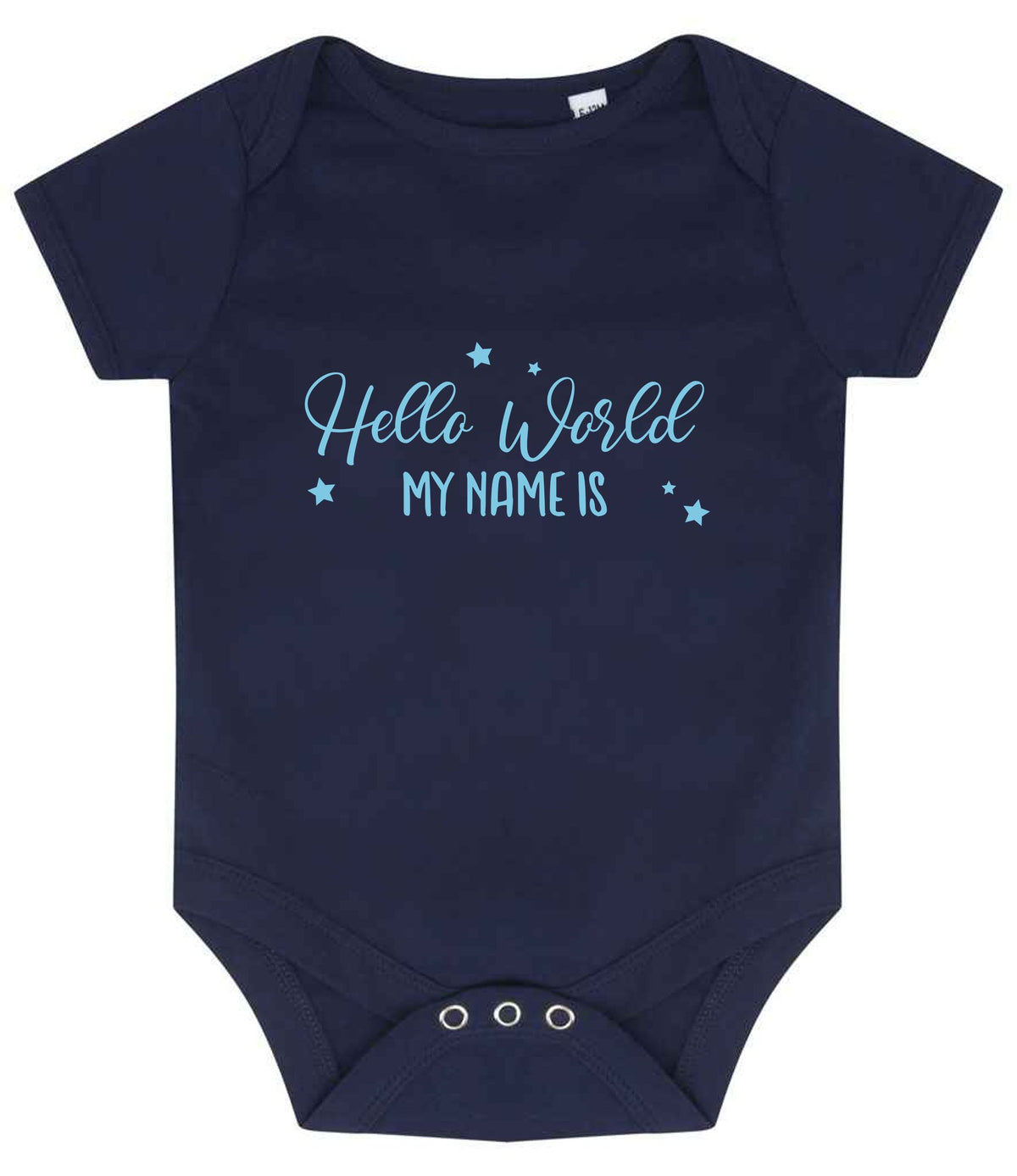 Customisable Hello World MY NAME IS – Larkwood Essential Short Sleeve Baby Bodysuit in Navy with Baby Blue vinyl