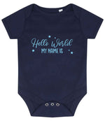 Customisable Hello World MY NAME IS – Larkwood Essential Short Sleeve Baby Bodysuit in Navy with Baby Blue vinyl