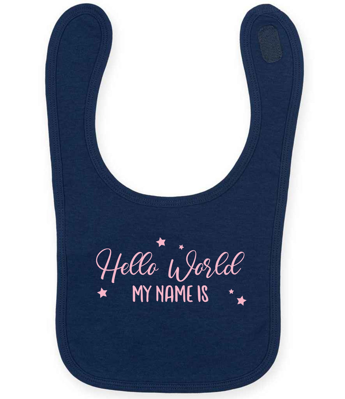 Customisable Hello World MY NAME IS – Larkwood Baby/Toddler Bib in Navy with Baby Pink vinyl