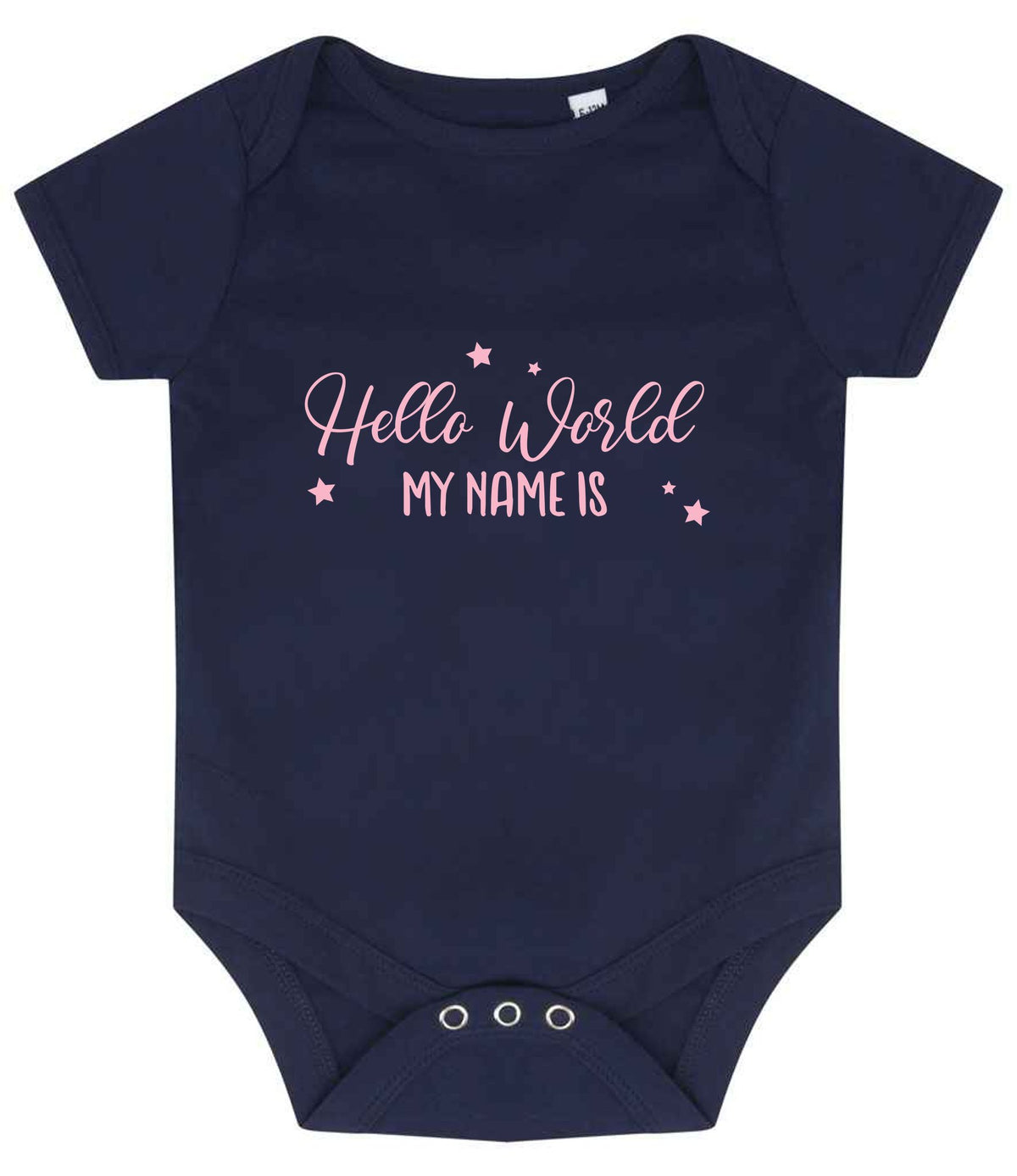 Customisable Hello World MY NAME IS – Larkwood Essential Short Sleeve Baby Bodysuit in Navy with Baby Pink vinyl