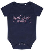 Customisable Hello World MY NAME IS – Larkwood Essential Short Sleeve Baby Bodysuit in Navy with Baby Pink vinyl