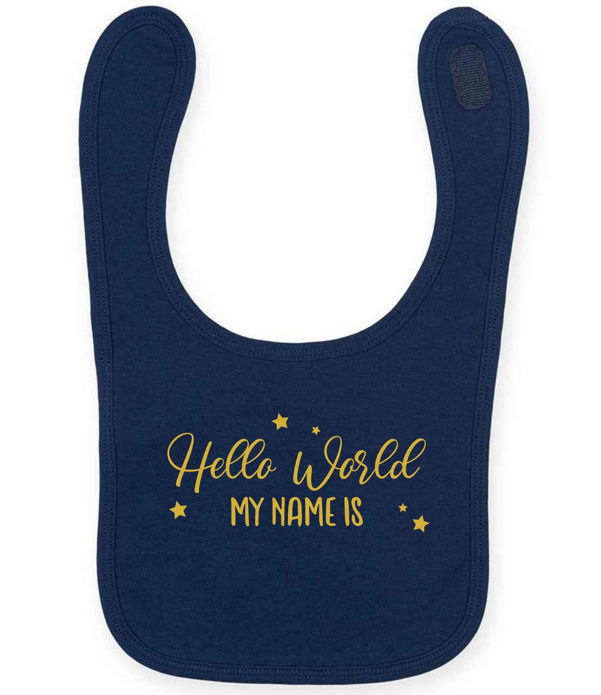 Customisable Hello World MY NAME IS – Larkwood Baby/Toddler Bib in Navy with Gold vinyl