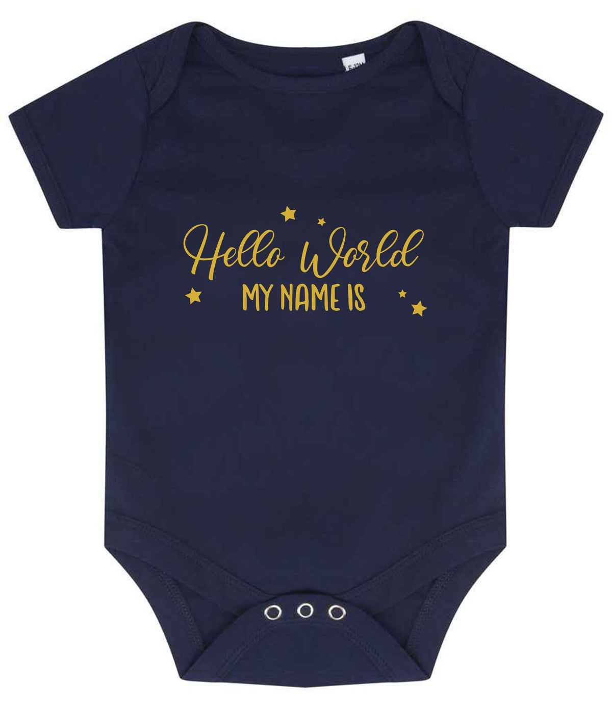 Customisable Hello World MY NAME IS – Larkwood Essential Short Sleeve Baby Bodysuit in Navy with Gold vinyl