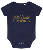Customisable Hello World MY NAME IS – Larkwood Essential Short Sleeve Baby Bodysuit in Navy with Gold vinyl