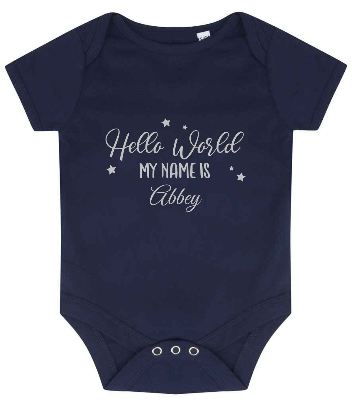 Customisable Hello World MY NAME IS – Larkwood Essential Short Sleeve Baby Bodysuit, personalised with your own text