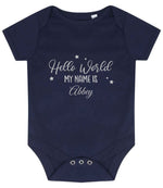 Customisable Hello World MY NAME IS – Larkwood Essential Short Sleeve Baby Bodysuit, personalised with your own text