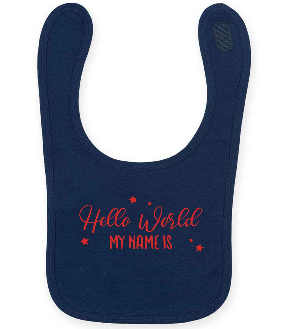 Customisable Hello World MY NAME IS – Larkwood Baby/Toddler Bib in Navy with Red vinyl