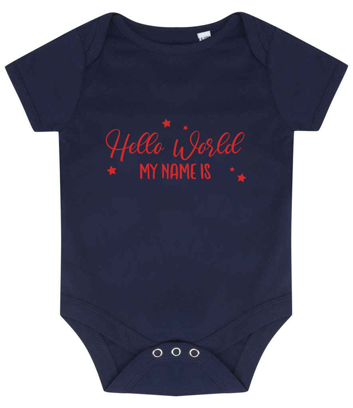 Customisable Hello World MY NAME IS – Larkwood Essential Short Sleeve Baby Bodysuit in Navy with Red vinyl