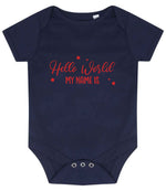 Customisable Hello World MY NAME IS – Larkwood Essential Short Sleeve Baby Bodysuit in Navy with Red vinyl