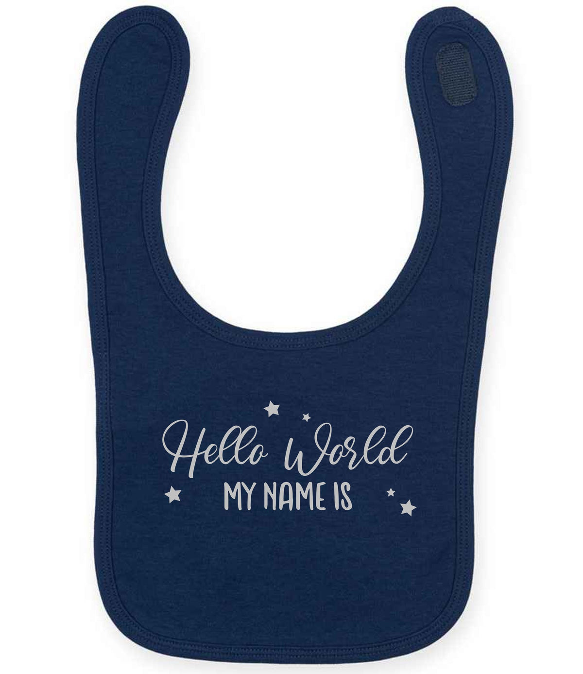 Customisable Hello World MY NAME IS – Larkwood Baby/Toddler Bib in Navy with Silver vinyl