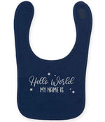 Customisable Hello World MY NAME IS – Larkwood Baby/Toddler Bib in Navy with Silver vinyl