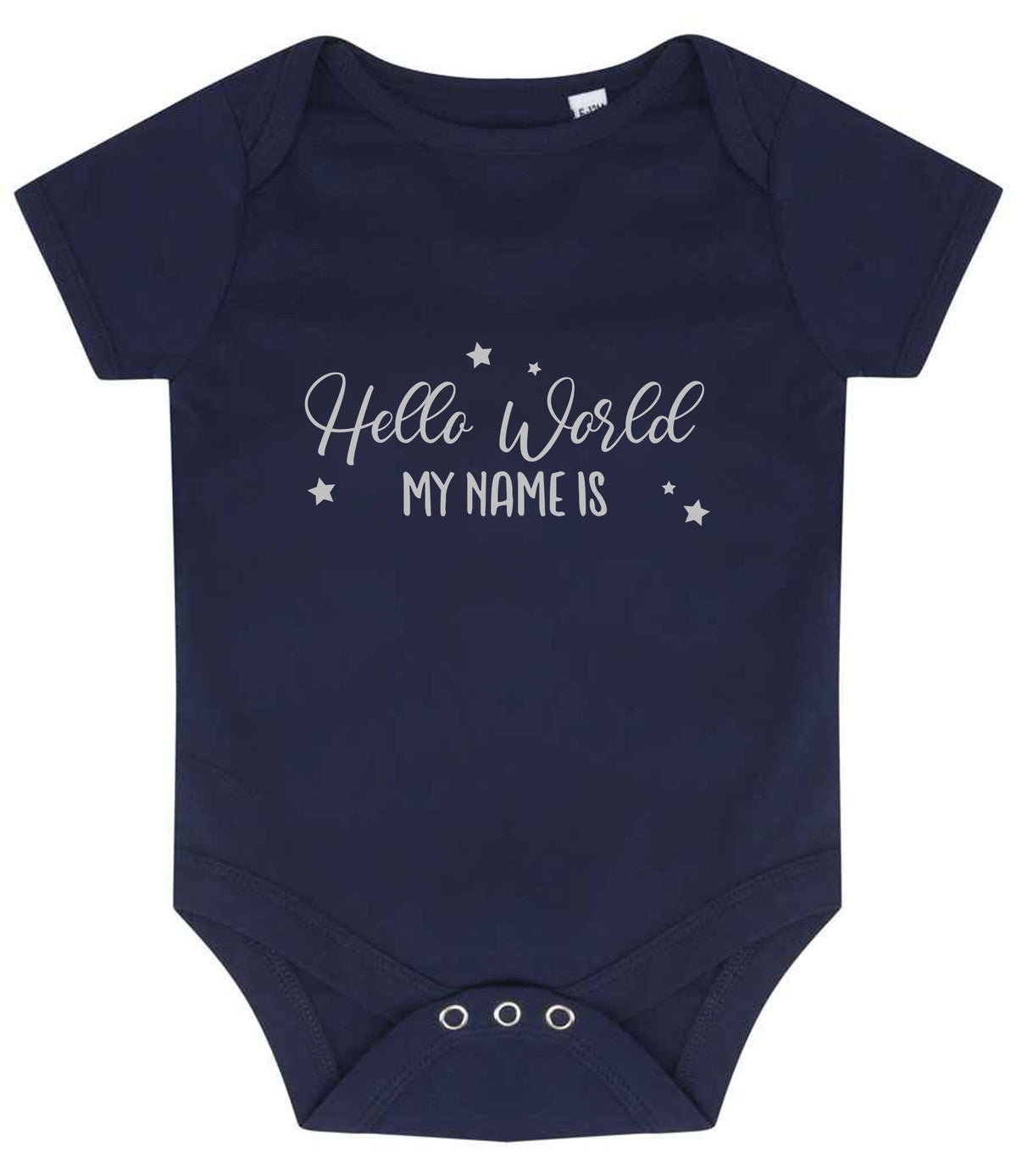 Customisable Hello World MY NAME IS – Larkwood Essential Short Sleeve Baby Bodysuit in Navy with Silver vinyl