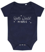 Customisable Hello World MY NAME IS – Larkwood Essential Short Sleeve Baby Bodysuit in Navy with Silver vinyl