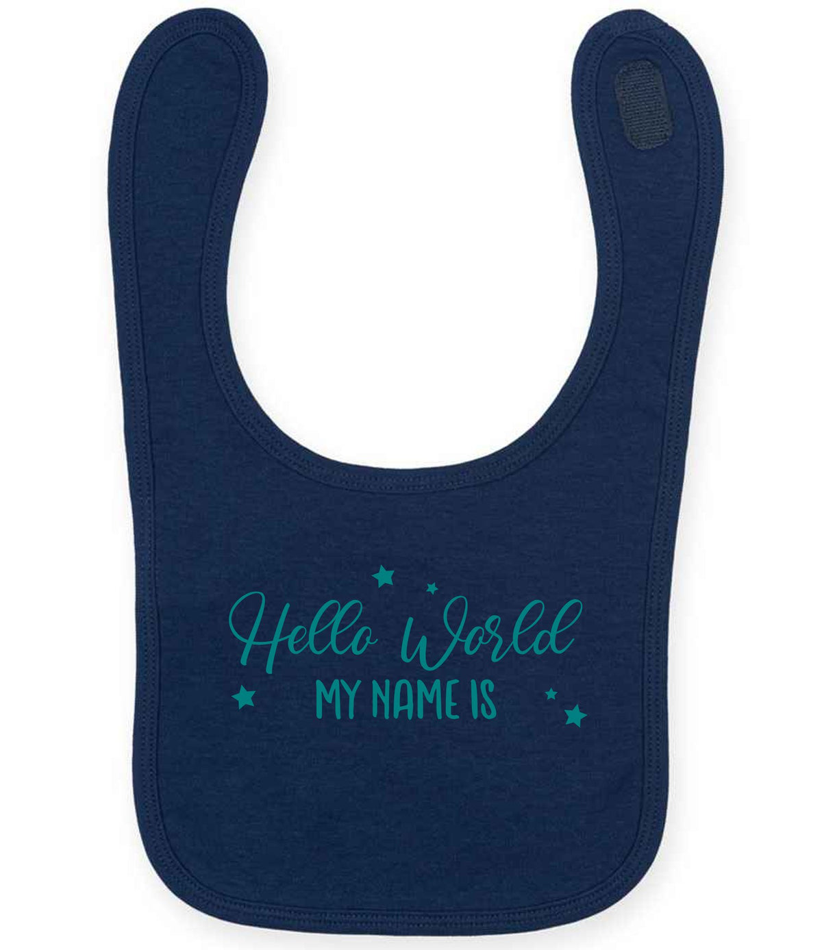 Customisable Hello World MY NAME IS – Larkwood Baby/Toddler Bib in Navy with Teal vinyl