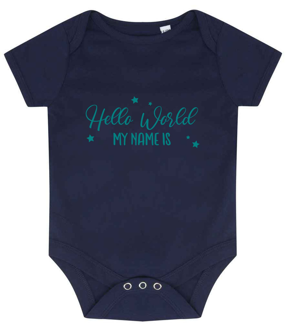 Customisable Hello World MY NAME IS – Larkwood Essential Short Sleeve Baby Bodysuit in Navy with Teal vinyl