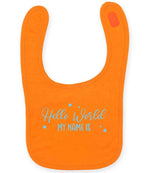Customisable Hello World MY NAME IS – Larkwood Baby/Toddler Bib in Orange with Baby Blue vinyl