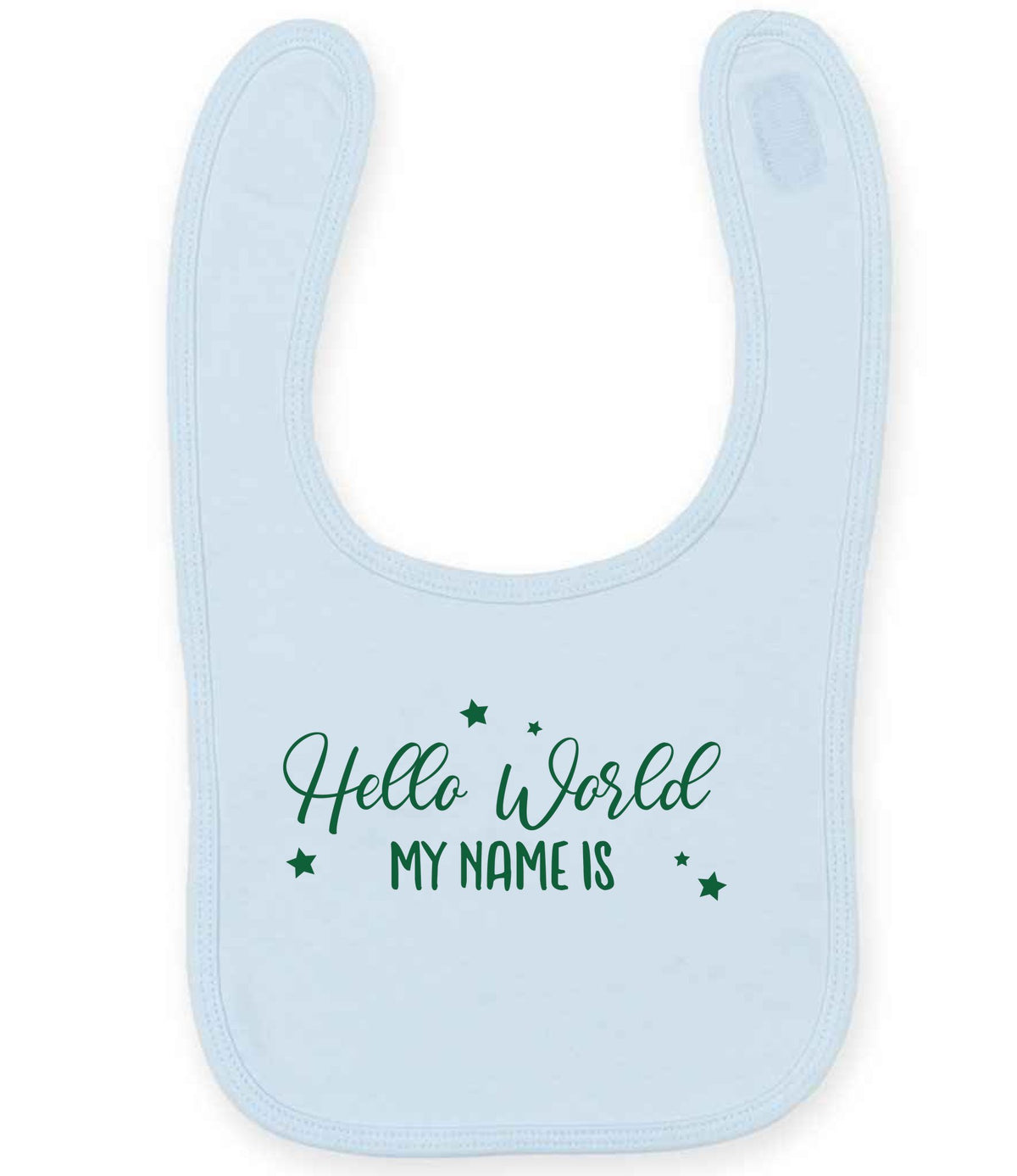 Customisable Hello World MY NAME IS – Larkwood Baby/Toddler Bib in Pale Blue with Dark Green vinyl