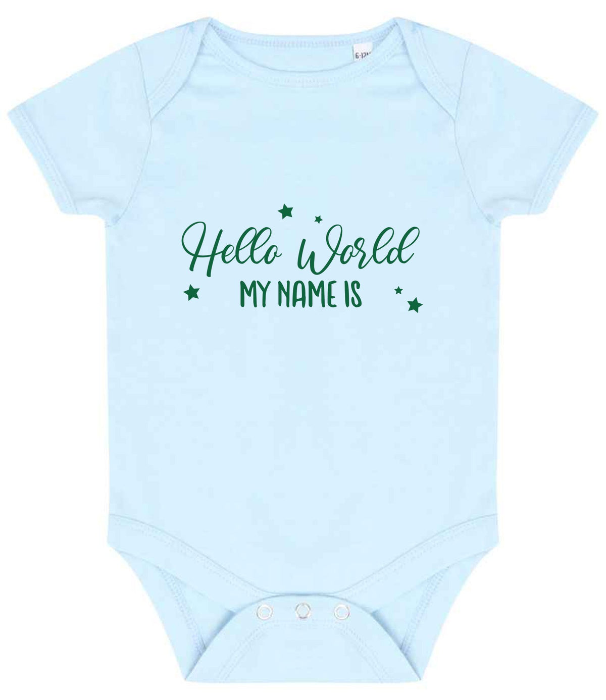 Customisable Hello World MY NAME IS – Larkwood Essential Short Sleeve Baby Bodysuit in Pale Blue with Dark Green vinyl