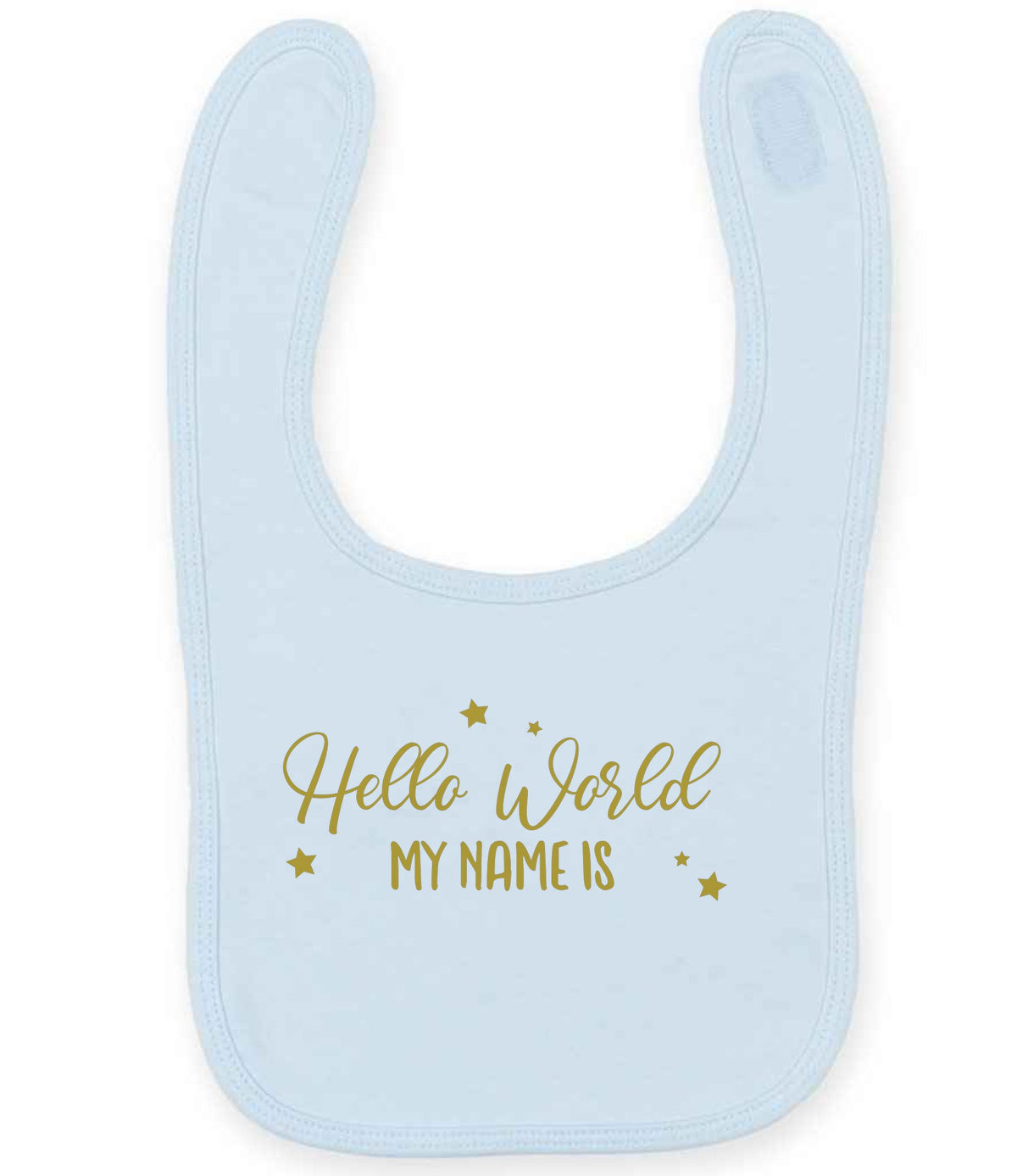 Customisable Hello World MY NAME IS – Larkwood Baby/Toddler Bib in Pale Blue with Gold vinyl