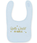 Customisable Hello World MY NAME IS – Larkwood Baby/Toddler Bib in Pale Blue with Gold vinyl