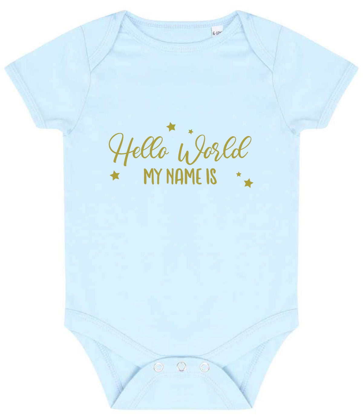 Customisable Hello World MY NAME IS – Larkwood Essential Short Sleeve Baby Bodysuit in Pale Blue with Gold vinyl