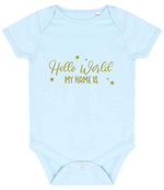 Customisable Hello World MY NAME IS – Larkwood Essential Short Sleeve Baby Bodysuit in Pale Blue with Gold vinyl