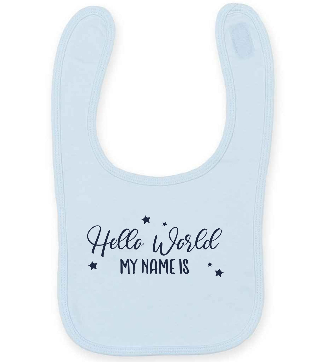Customisable Hello World MY NAME IS – Larkwood Baby/Toddler Bib in Pale Blue with Navy vinyl