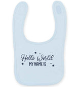 Customisable Hello World MY NAME IS – Larkwood Baby/Toddler Bib in Pale Blue with Navy vinyl
