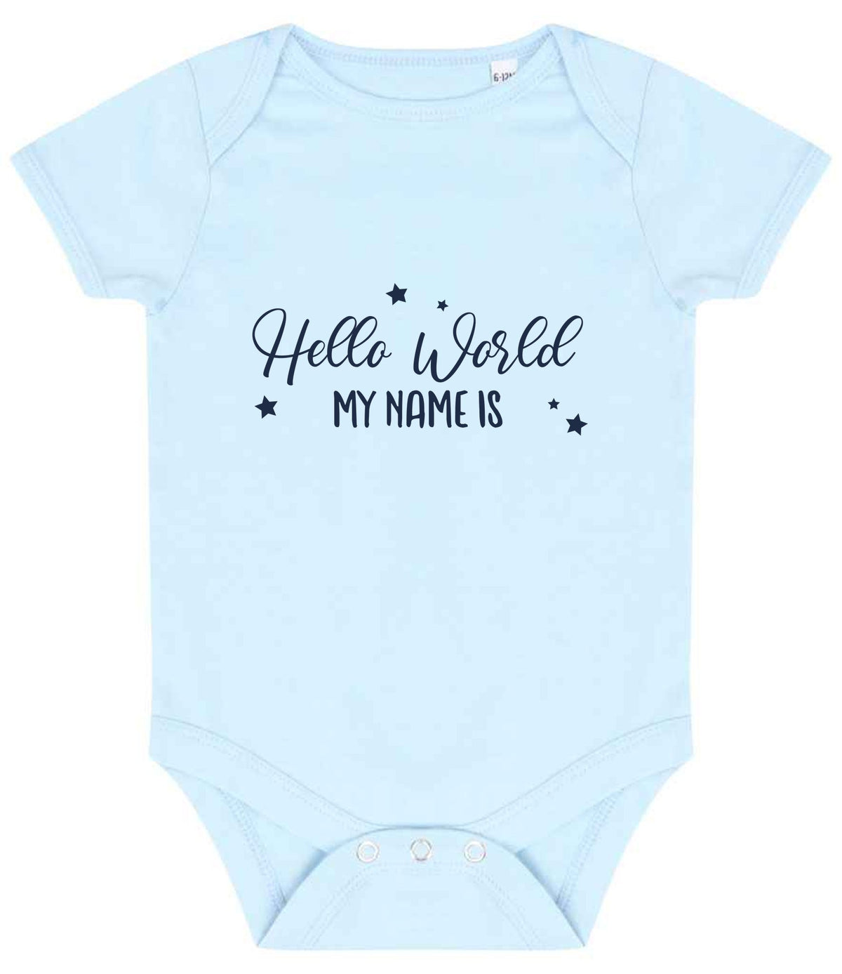Customisable Hello World MY NAME IS – Larkwood Essential Short Sleeve Baby Bodysuit in Pale Blue with Navy vinyl