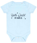 Customisable Hello World MY NAME IS – Larkwood Essential Short Sleeve Baby Bodysuit in Pale Blue with Navy vinyl