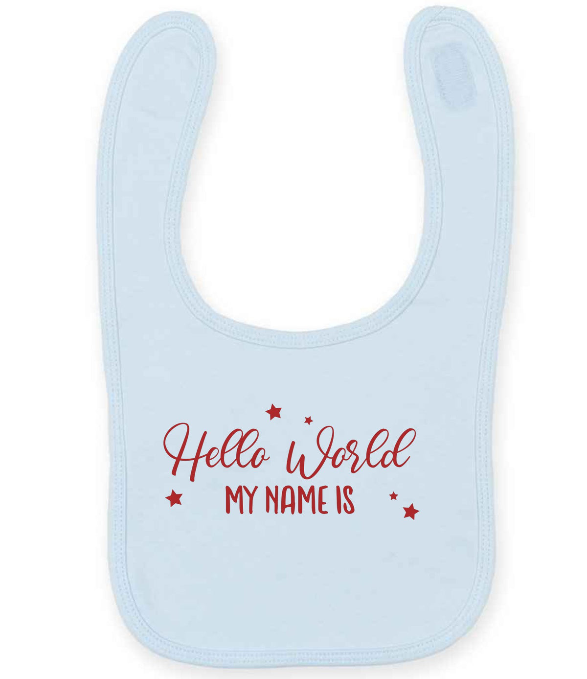 Customisable Hello World MY NAME IS – Larkwood Baby/Toddler Bib in Pale Blue with Red vinyl
