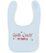 Customisable Hello World MY NAME IS – Larkwood Baby/Toddler Bib in Pale Blue with Red vinyl