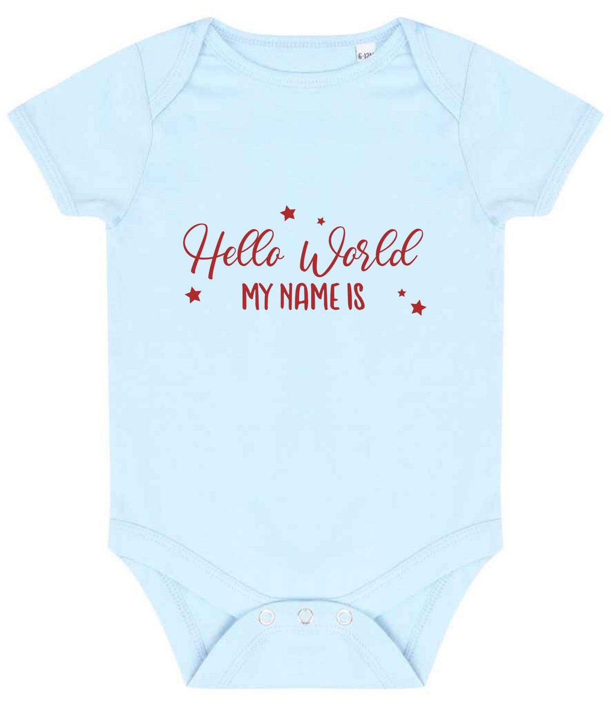 Customisable Hello World MY NAME IS – Larkwood Essential Short Sleeve Baby Bodysuit in Pale Blue with Red vinyl
