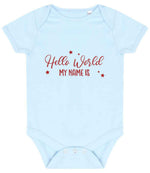 Customisable Hello World MY NAME IS – Larkwood Essential Short Sleeve Baby Bodysuit in Pale Blue with Red vinyl