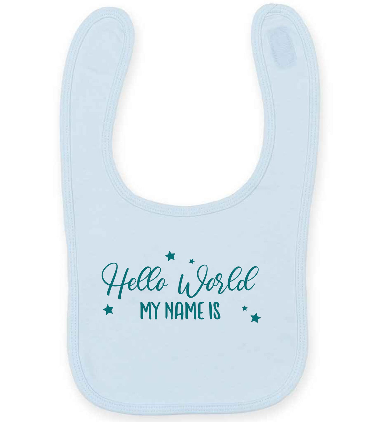 Customisable Hello World MY NAME IS – Larkwood Baby/Toddler Bib in Pale Blue with Teal vinyl