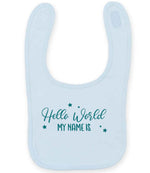 Customisable Hello World MY NAME IS – Larkwood Baby/Toddler Bib in Pale Blue with Teal vinyl