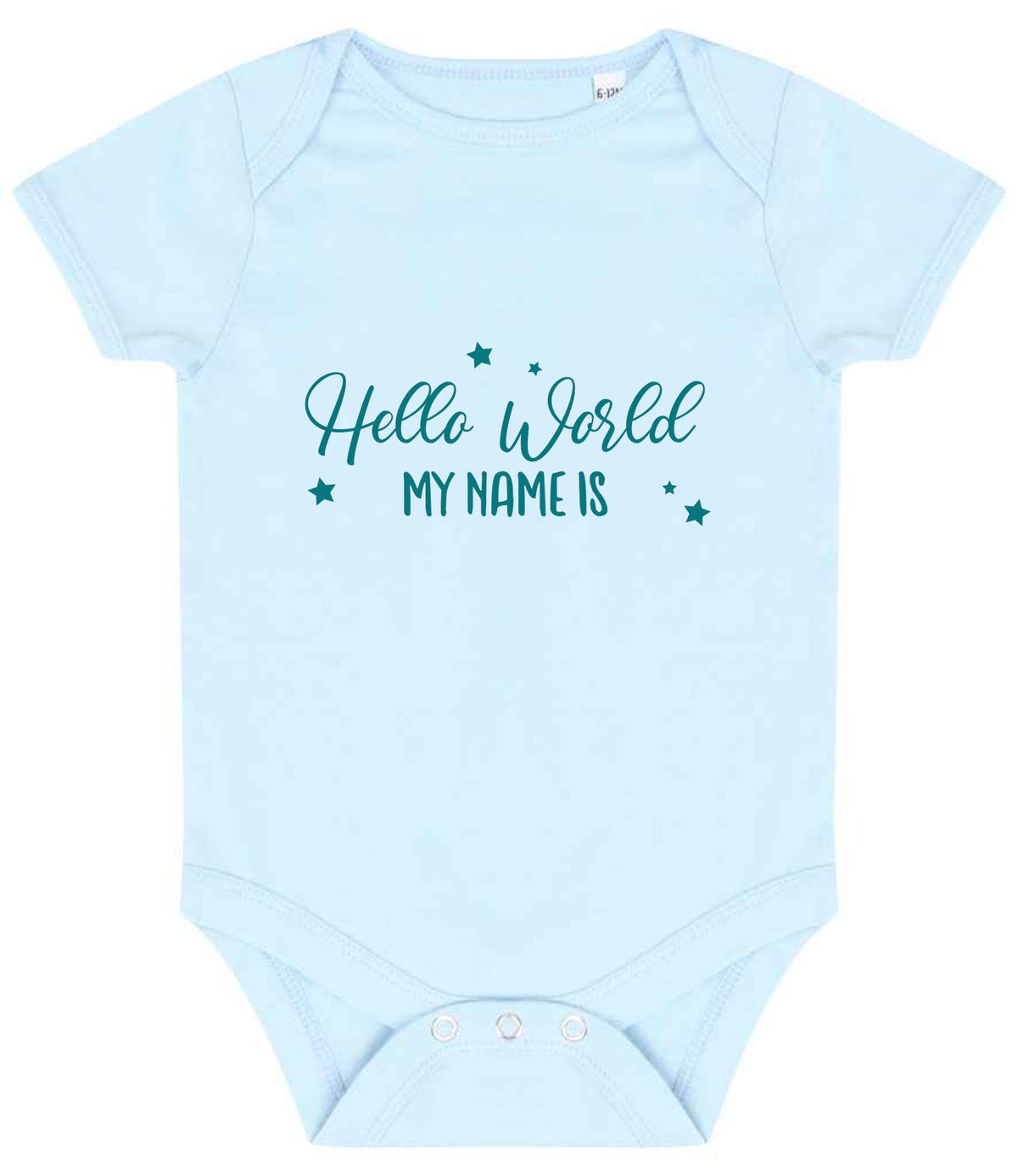 Customisable Hello World MY NAME IS – Larkwood Essential Short Sleeve Baby Bodysuit in Pale Blue with Teal vinyl