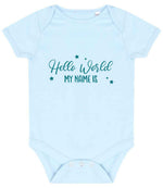 Customisable Hello World MY NAME IS – Larkwood Essential Short Sleeve Baby Bodysuit in Pale Blue with Teal vinyl