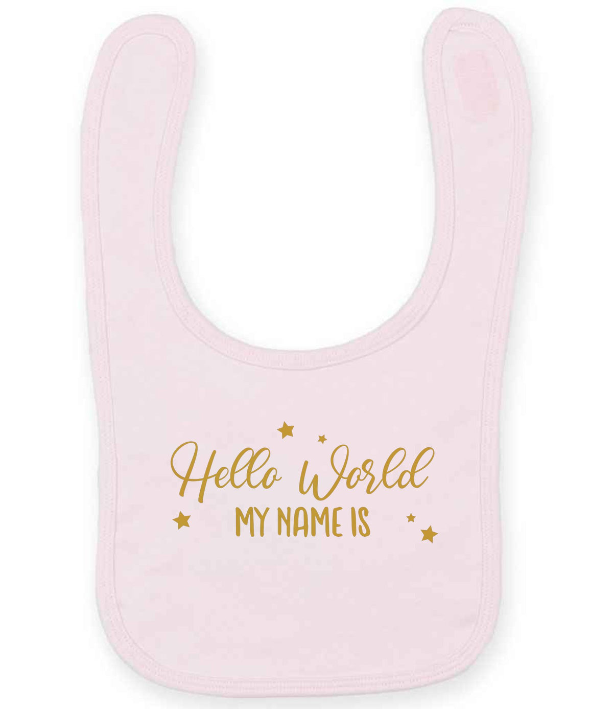 Customisable Hello World MY NAME IS – Larkwood Baby/Toddler Bib in Pale Pink with Gold vinyl