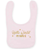 Customisable Hello World MY NAME IS – Larkwood Baby/Toddler Bib in Pale Pink with Gold vinyl