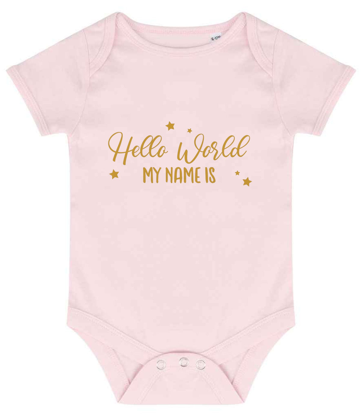Customisable Hello World MY NAME IS – Larkwood Essential Short Sleeve Baby Bodysuit in Pale Pink with Gold vinyl