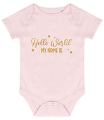 Customisable Hello World MY NAME IS – Larkwood Essential Short Sleeve Baby Bodysuit in Pale Pink with Gold vinyl