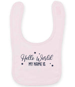 Customisable Hello World MY NAME IS – Larkwood Baby/Toddler Bib in Pale Pink with Navy vinyl