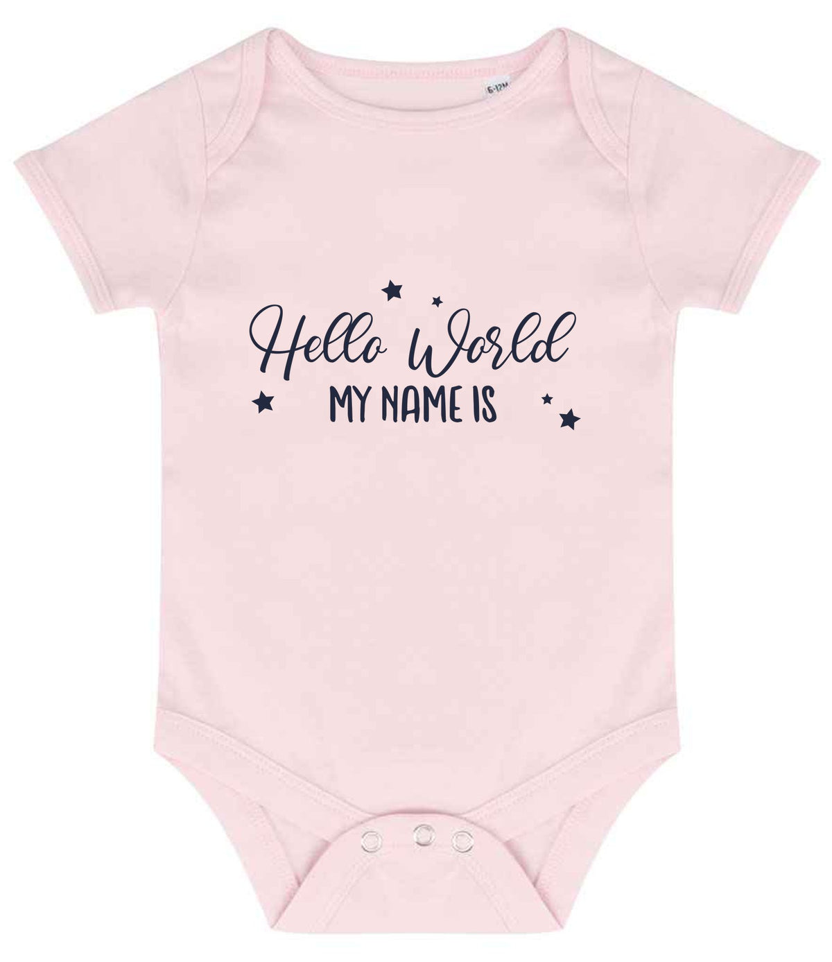 Customisable Hello World MY NAME IS – Larkwood Essential Short Sleeve Baby Bodysuit in Pale Pink with Navy vinyl